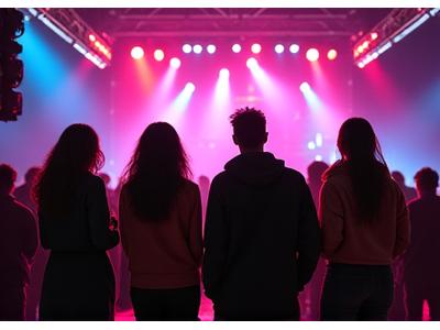 Small group being led on a backstage tour of a festival stage, seeing equipment and crew members.