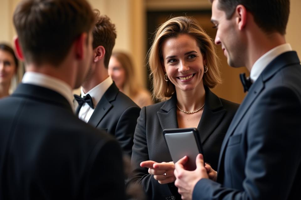 A professional concierge discreetly assisting a VIP guest at a festival, holding a tablet and providing directions, embodying seamless, personalized service.