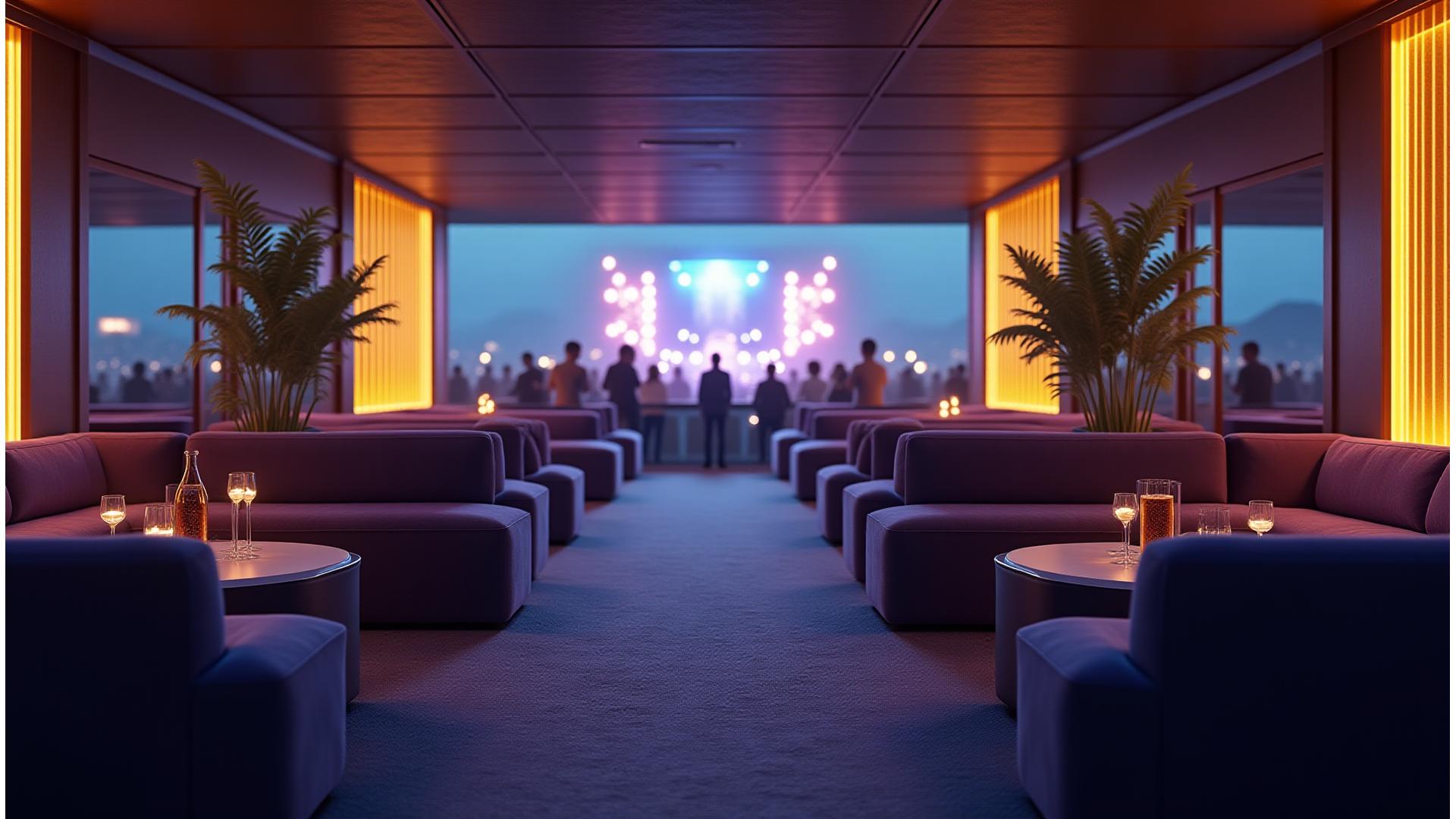 Luxury VIP lounge at a sprawling music festival, with elegant furniture, subtle lighting, and a panoramic view of a distant stage, conveying exclusivity and opulence.