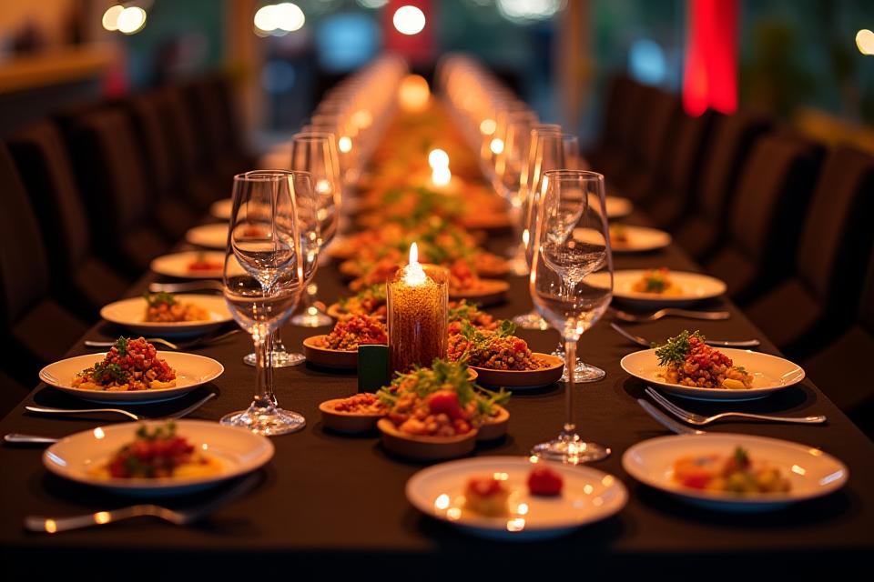 A beautifully arranged gourmet meal on a table in a luxurious festival VIP dining area, with soft lighting and elegant settings.